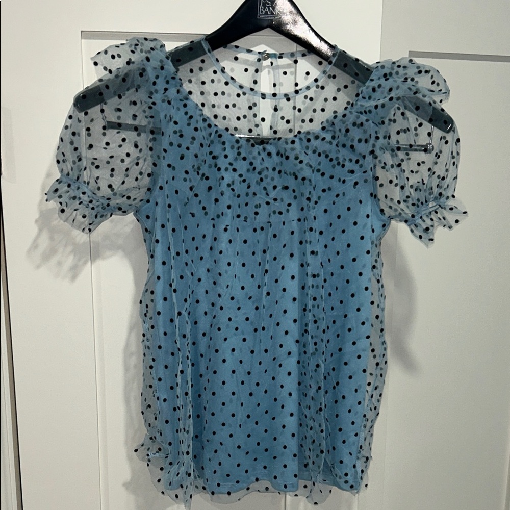 NWT RIVER ISLAND Sheer Blue Blouse with Black Polka Dots SIZE UK 6/small